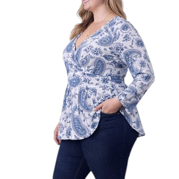 Plus Size V-Neck Banded Waist Promenade Boho Paisley Wrap Peplum Floral Top - Picture 2 of 7